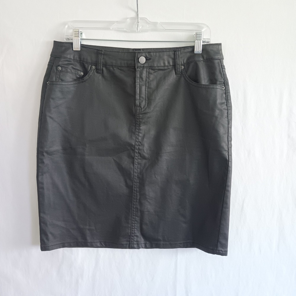 Garnet Hill Mini Skirt Womens 10P Black Coated Denim Faux Leather Look
